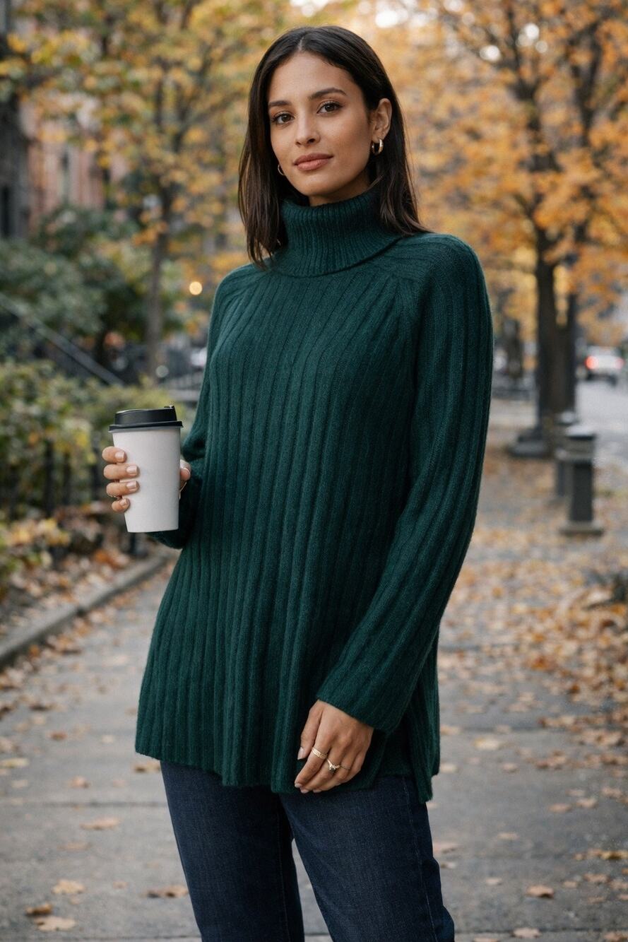 Sanctuary Rib Turtleneck Tunic Oversize Sweater in Green Size XXS Runs big NWOT